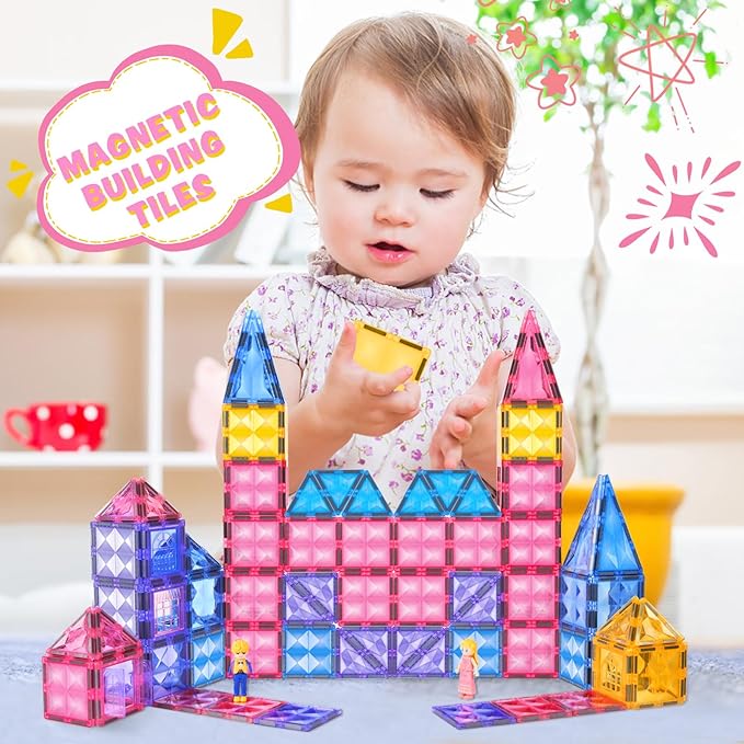 Pink Castle Magnetic Tiles for Kids Ages 3-8, 3D STEM Toys with Sparkling Building Blocks, Creative Educational Gift for Boys and Girls, Preschool Learning Toys for Birthday
