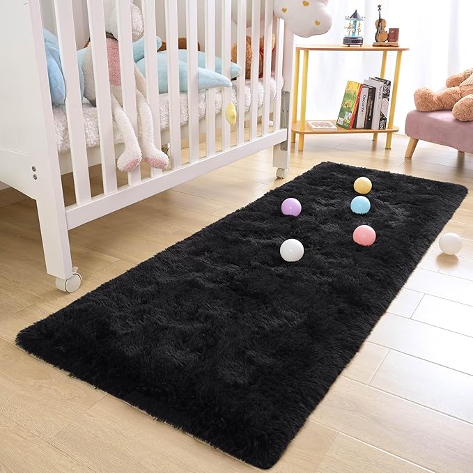 2x6 Runner Rug Black Shag for Bedroom Soft Carpet, Long Fluffy Shaggy Rugs Non Slip for Bedside Living Room Classroom Kids Boys Girls Room Nursery Dorm Home Decor