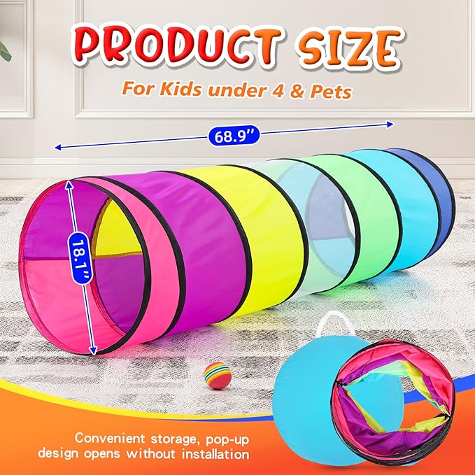 Kids Play Tunnel for Toddlers, Colorful Pop Up Crawl Through Tunnel Play Tent for Baby or Dog Cat Pet with Breathable Mesh, Collapsible Gift for Boy Girl Game Indoor Outdoor Toy