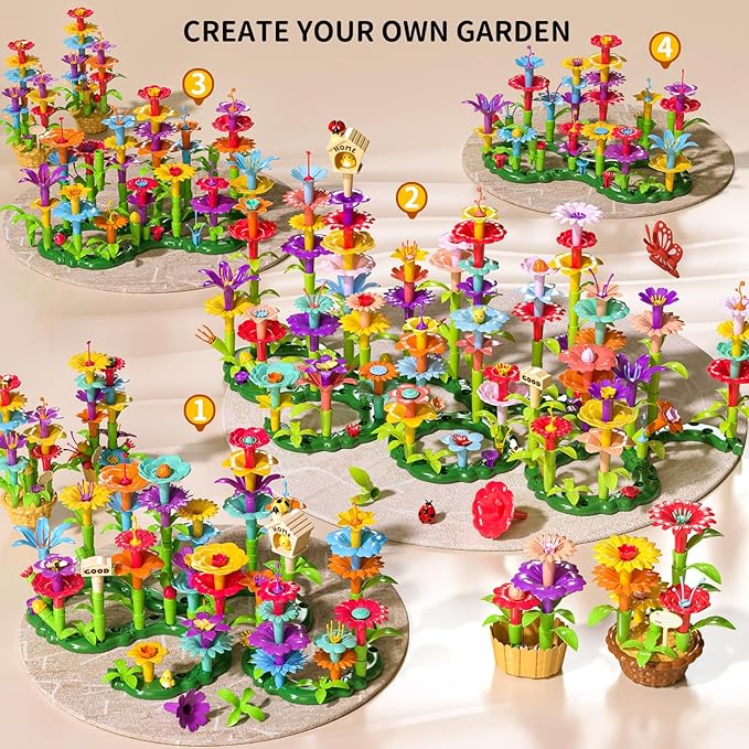 TEMI 224 PCS Flower Garden Building Toys for Girls Toys, Educational STEM Toy and Preschool Garden Play Set for Toddlers 3 4 5 6 7 Year Old Kids Boys Girls, Flower Stacking Toys for Kids Age 3-6