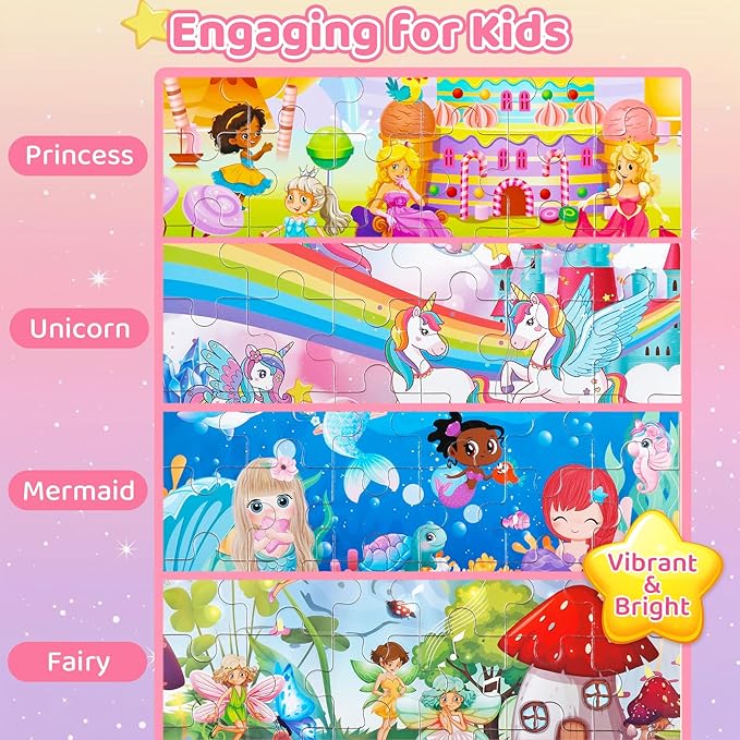 Wooden Puzzles for Kids Ages 3-6+ Unicorn Mermaid Princess Fairy 4 Pack Puzzles for Girls, 24-Piece Toddler Puzzles, Educational Preschool Birthday Christmas Easter Gifts for 3 4 5 6 Year Old Girls
