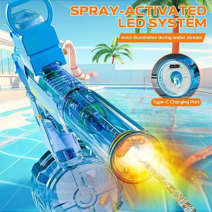 Electric Water Gun for Adults Kids, 2 Pack Automatic Squirt Watergun Pistol with Led Lights, Summer Outdoor Pool Beach Party Toys Black and Blue