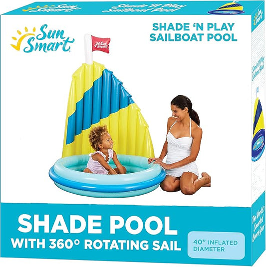 SunSmart Shade N Play Sailboat Kiddie Pool With 360 Rotating Sun Shade Sail, Heavy Duty Double-Ring Mini Inflatable for Kids Splash and Play, Outdoor Water Toy, 40" Small for Toddlers