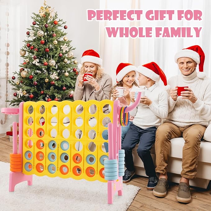 Costzon Giant 4-in-A-Row, Jumbo 4-to-Score Giant Game w/Basketball Hoop, Ring Toss, Quick-Release Slider, 42 Jumbo Rings, Indoor Outdoor Family Connect Game for Kids & Adults, Backyard Games