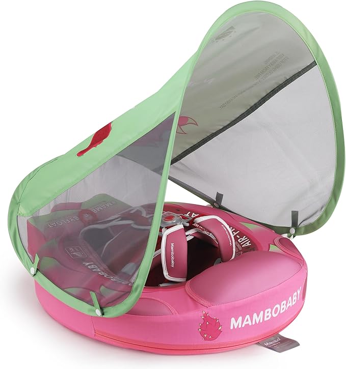 Mambobaby Float Add Tail Baby Swim Float with Canopy Solid Pool Infant Swim Trainer Swimming Training Lying Air Free Water Floats Non-Inflatable Waist Swim Ring for Toddlers (Dragon Fruit)
