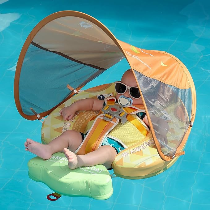 Mambobaby Float Add Tail Baby Swim Float with Canopy Solid Pool Infant Swim Trainer Swimming Training Lying Air Free Water Floats Non-Inflatable Waist Swim Ring for Toddlers (Pineapple)