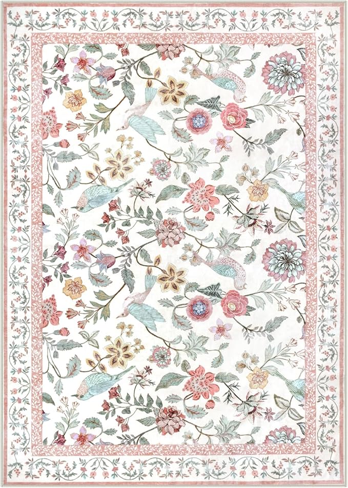 Floral Washable 5x7 Area Rug, Soft Non-Slip Pink Rugs for Girls Bedroom Low Pile Flower Birds Living Room Rug, Non-Shedding Botanical Indoor Carpet for Nursery Playroom Dining Room