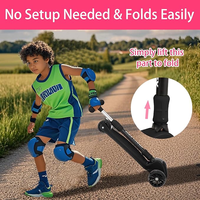 Kids & Adults Kick Scooter – 2 or 3 Wheel Options (LED on 3-Wheel) for Outdoor Fun & Commuting, Foldable and Portable, Adjustable Handle, Anti-Slip Deck (Ages 3 to Adult),Birthday Gift