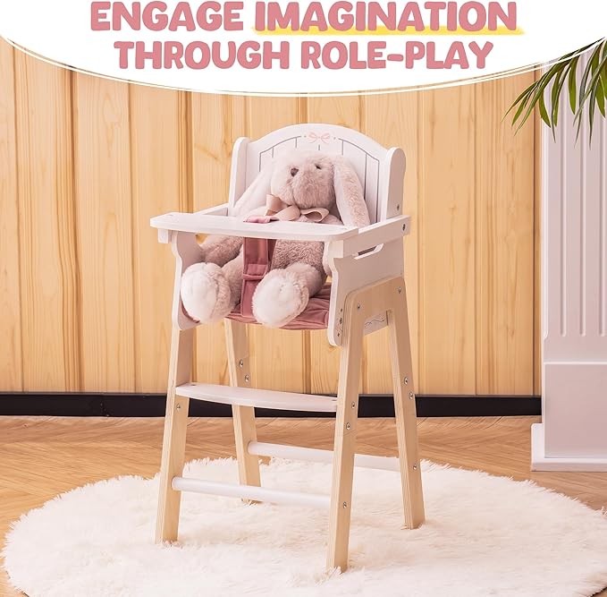 ROBOTIME Wooden Baby Doll High Chair, Pink Wooden Baby Doll Chair for 18 Inch Dolls, Pretend Play High Chair Baby Doll Accessories, Small