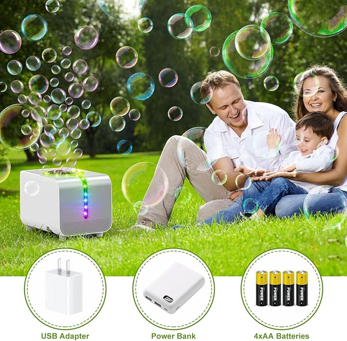 Bubble Machine - Durable Automatic Bubble Blower with LED Lights, Waterproof Motor Over 20,000 Bubbles/Minute, Perfect for Kids' Parties Indoor & Outdoor Fun - Plugin or Battery Powered - Sleek Silver