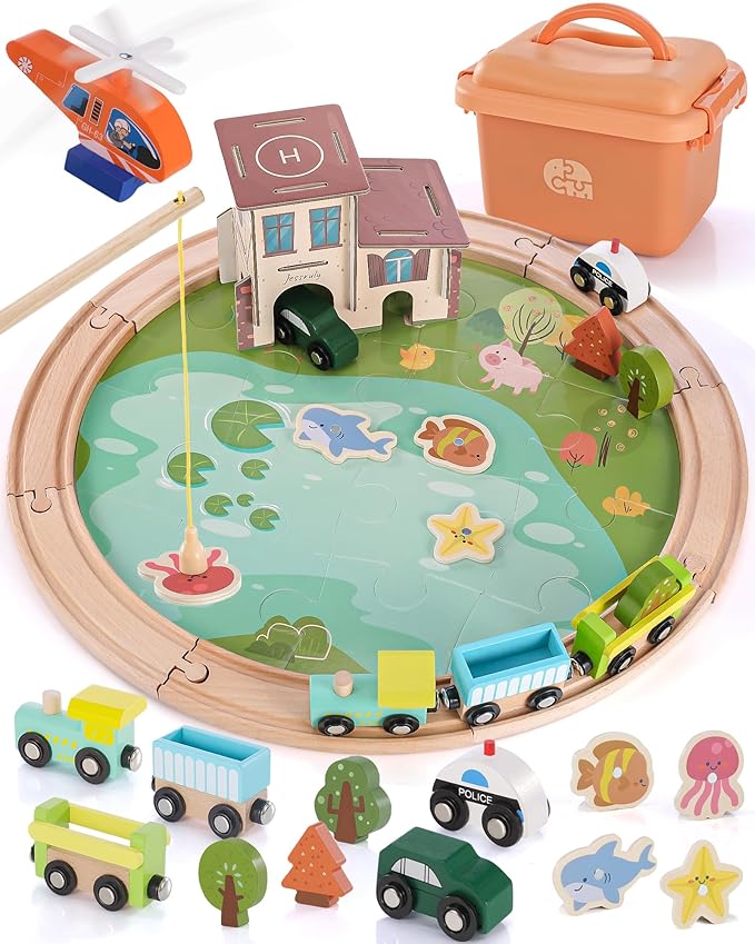Wooden Train Track Set - 48-Piece Toy Train Tracks Compatible with Thomas, Brio, Melissa & Doug - Includes Fishing and Puzzles for Toddlers 3-8 - Educational for Fun Playtime