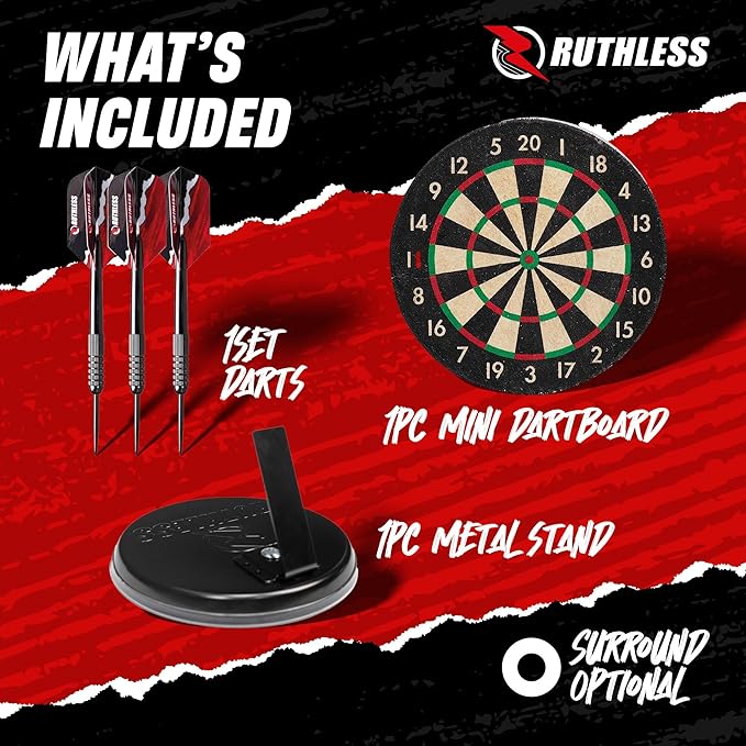 Ruthless Miniature Desk Top Dart Board Set for Home and Office - Includes Mini Steel Tip Darts, Choice of Surround and Mouse Mat