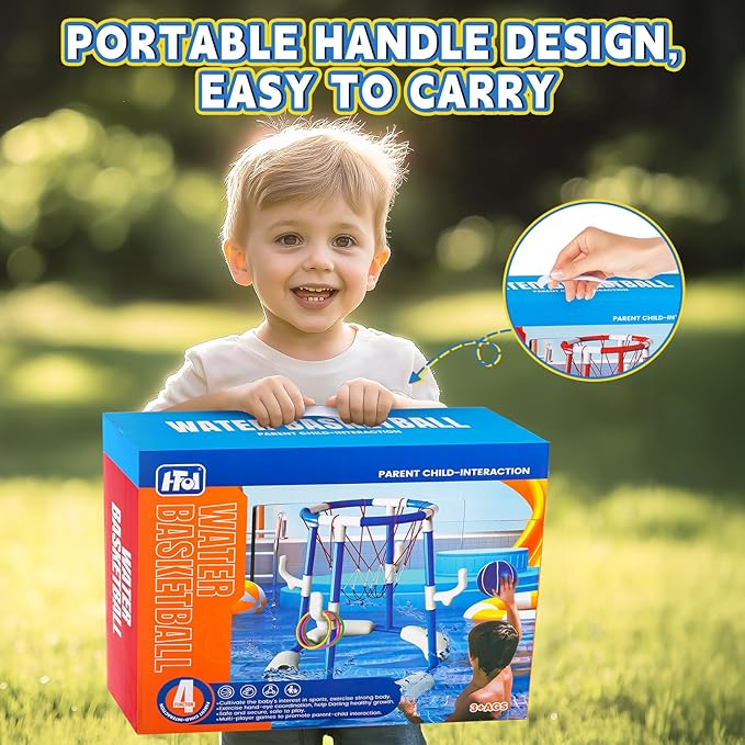 Pool Basketball Hoop, Floating Game with 6 Balls & Pump, Kids Pool Toys for Outdoor Summer Fun, Adjustable Height for Ages 4-8-12, Family Swimming Pool Accessory(Blue)