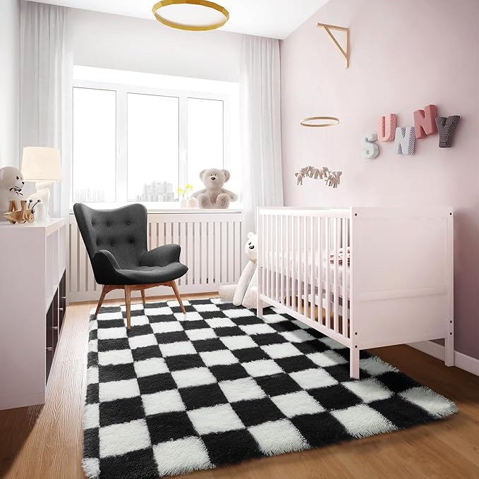 KICMOR Area Rugs for Bedroom Living Room, 4x6 Black and White Fluffy Soft Checkered Rug Fuzzy Shag Shaggy Carpet, Indoor Plush Floor Rugs for Kids Boys Girls Teen Dorm Nursery Home Decor Aesthetic