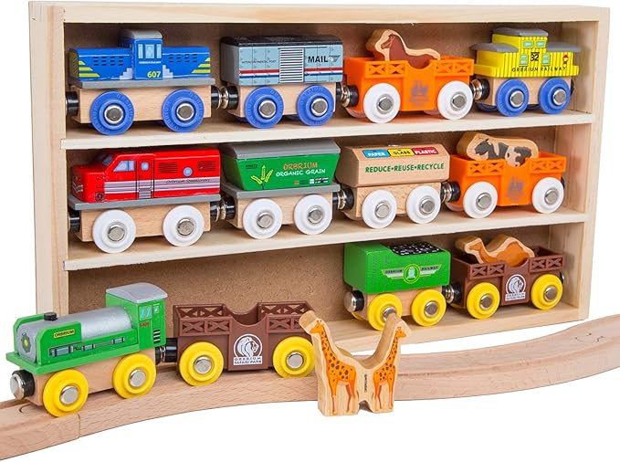 Toys 12 (18 Pcs) Wooden Engines & Train Cars Collection with Animals, Farm Safari Zoo Wooden Animal Train Cars, Circus Wooden Train Compatible with Thomas, Brio, Chuggington