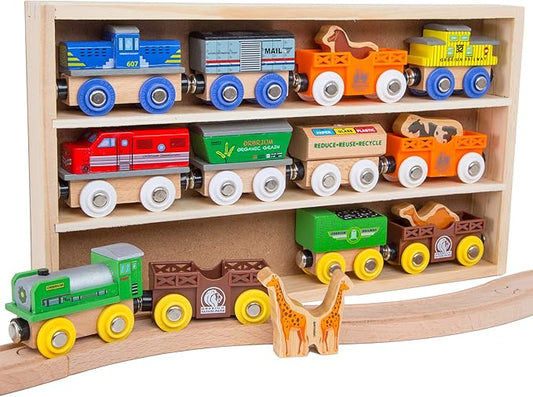 Toys 12 (18 Pcs) Wooden Engines & Train Cars Collection with Animals, Farm Safari Zoo Wooden Animal Train Cars, Circus Wooden Train Compatible with Thomas, Brio, Chuggington