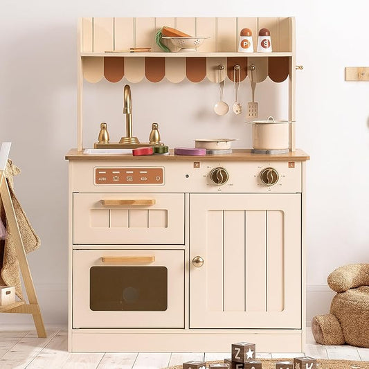 ROBOTIME Play Kitchen for Kids Toddlers, Wooden Pretend Play Kitchen Set Toy with Cutting Food Set, Toys Kitchen Gift for 3+ Year Old Kids, Girls & Boys