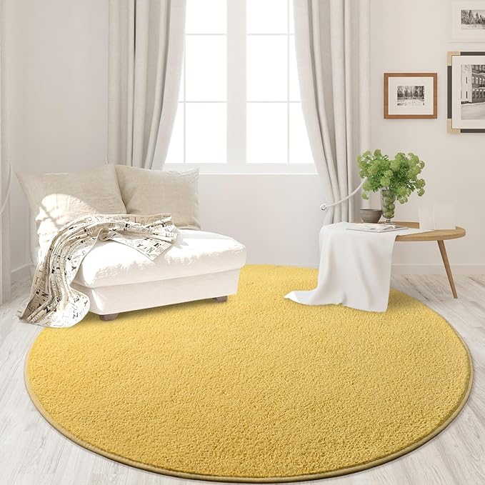 FlyDOIT Round Area Rugs for Bedroom Living Room, 4x4 Yellow Super Soft Comfy Thickened Memory-Foam Indoor Circle Carpets, Modern Aesthetic Minimalist Carpet for Boys Girls Adults Nursery Home Décor