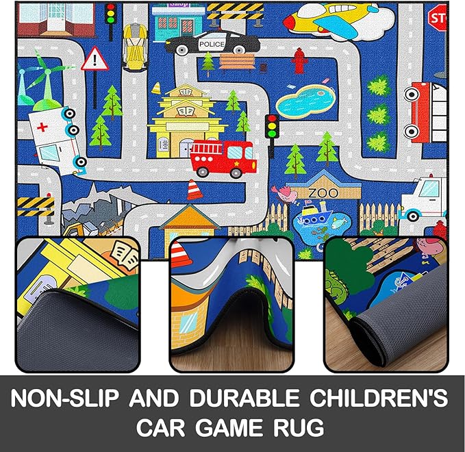Kids Car Rug Play Mat - City Life Map Car Mat for Kids Toy Educational Play Traffic Road Carpet for Childrens Race Track Rug for Bedroom (Sky Blue, 4.5x6 Feet)