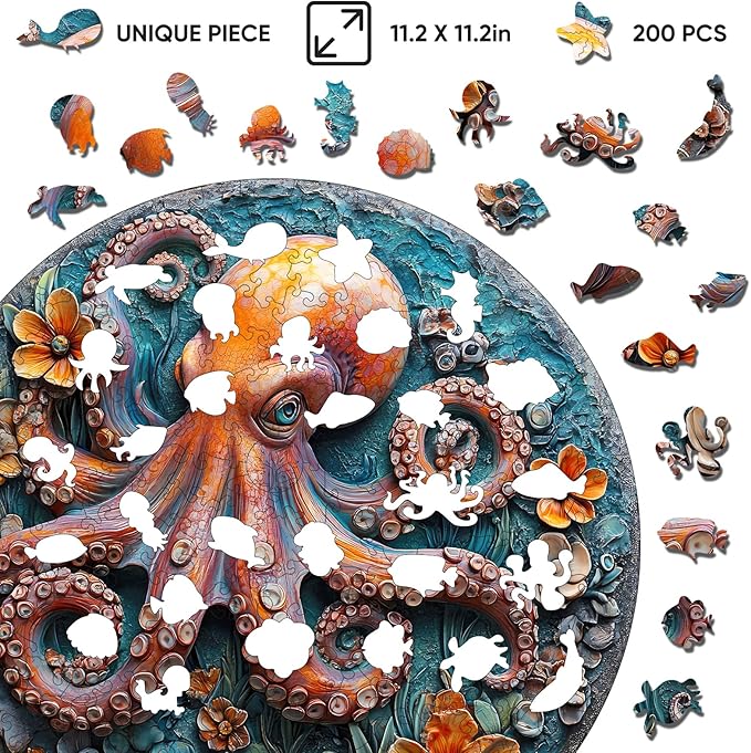 Wooden Puzzles for Adults, 3D Octopus Wooden Jigsaw Puzzles 200 Pieces, Medium, 11.2 in Unique Shape Ocean Wooden Puzzle, Irregular Puzzle Creative for Adults and Kids Family Games