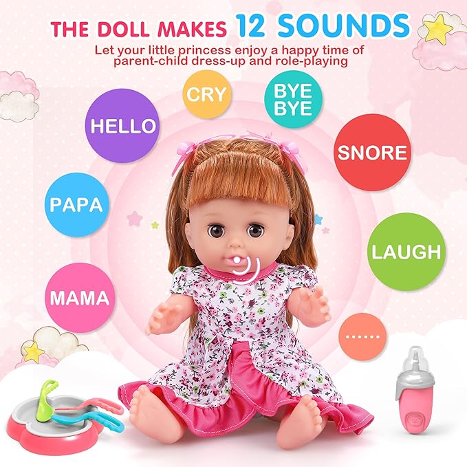 Baby Doll Toys Set, 14" Doll Toys, 25Pcs Dolls Care Toy Playset, Toddlers Toy Doll Set Incl Cradle Crib, High Chair, Milk Bottle, Pacifier, Diaper, Baby Gift for Age 3 4 5 6+ Years Old Girls Boys