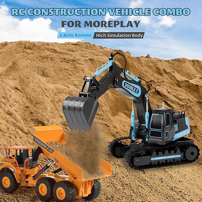 DOUBLE E Remote Control Excavator Toy RC Excavators Rechargeable Battery Digger Hydraulic Construction Toys Vehicles Xmas Gift for Boys Girls Kids 3-14 Years,Gray-Blue