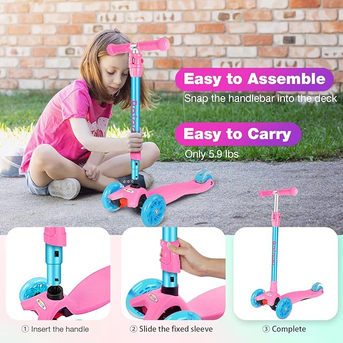 BELEEV A2 Scooters for Kids 3 Wheel Kick Scooter for Toddlers Girls Boys, 4 Adjustable Height, Lean to Steer, Light up Wheels, Extra-Wide Board, Easy to Assemble for Children Gift Sport Toys Ages 3-12