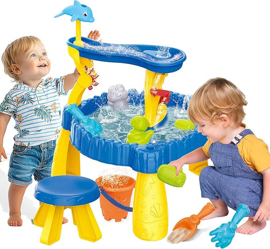 BELLOCHIDDO Water Table for Toddlers 1-2 - Summer Toys, 2-Tier Rain Showers Splash Pond for Outside Beach Backyard Summer, Activity Sensory Outdoor Play Table for Toddlers