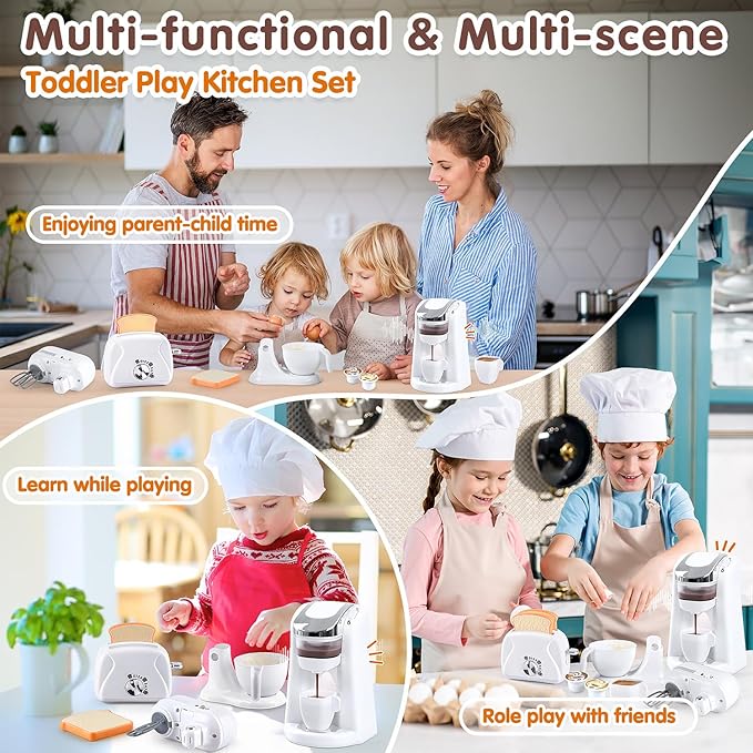 Play Kitchen Appliances Toys, Kids Kitchen Playset Accessories, Pretend Play Toy Sets with Coffee Maker, Mixer, Toaster with Realistic Lights & Sounds, Gifts for Boys Girls Toddlers Ages 3+, White