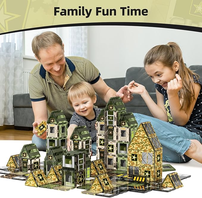 48PCS Army Magnetic Tiles Building Toys for Boys 3+, Military Magnetic Blocks for Toddlers STEM Construction Preschool Toys for Kids, Upgraded Sensory Magnets for Kids Birthday Gifts