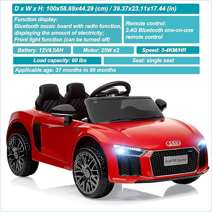 Licensed Audi 12V Kids Ride-On Car | Electric Car with Remote Control for Boys and Girls | 4-Wheel Design, LED Headlights, Music, and Horns