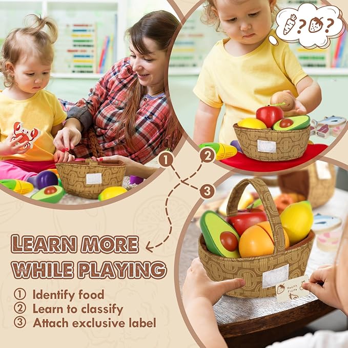 Lehoo Castle Wooden Play Food Set, Toy Food for Toddlers, Pretend Play Kitchen Accessories, Cutting Fruits and Vegetables Montessori Sorting Toys for Kids 3-5 Girls Boys