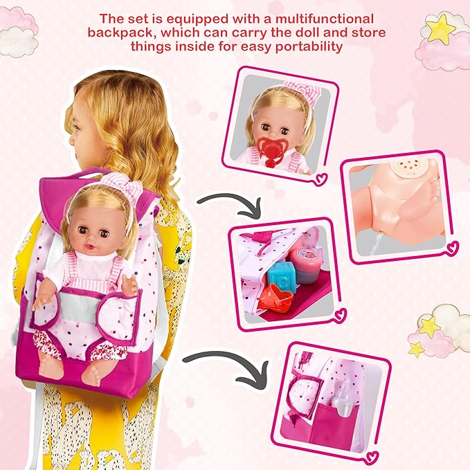 Baby Care Doll Toys Set, 36PCS Doll Playset, Hair Salon Pretend Play Toddler Doll Toys Incl 14'' Baby Doll Toy, Backpack, Hair Dryer, Hair curler, Xmas Gifts for Age 3 4 5 6+ Years Old Girls Kids