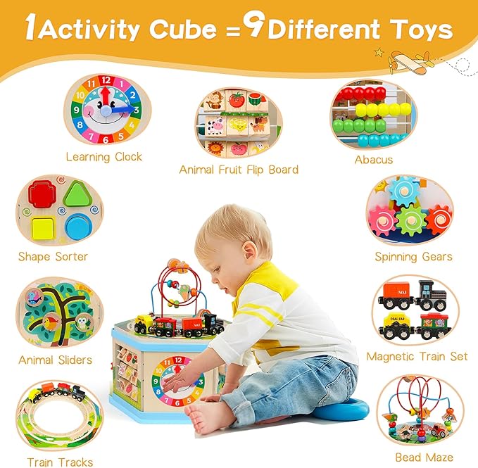 Wooden Activity Cube 9-in-1 Montessori Toys for 1+ Year Old Boys Girls Educational Learning Toys for Toddlers Age 1-2 One Year Old First Birthday Gift Bead Maze Magnetic Trains Track Shape Sorter