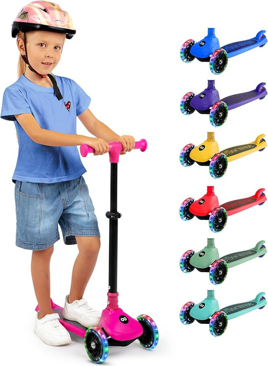 SereneLife 3 Wheel Foldable Kids Scooter - Foldable Seat, LED Wheel Lights, Adjustable Handlebar, Rear Foot Brake, Lean-to-Steer, Anti-Slip Deck, Ideal for Toddlers Kids 3+, up to 110Lbs