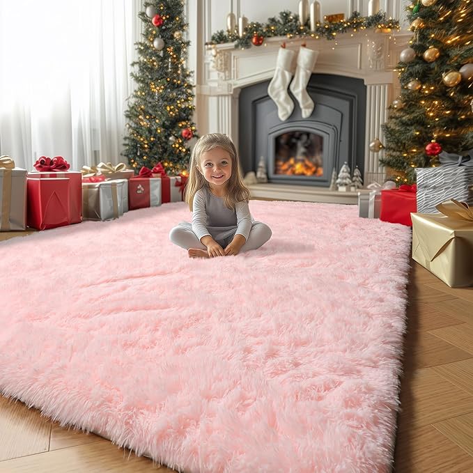 Amdrebio Pink Area Rugs 8x10 for Living Room, Large Fluffy Shag Rug for Bedroom, Kids Room Decor, Big Cute Furry Carpet for Teen Girls, Baby Nursery, Classroom, Soft Fuzzy Cozy Carpets for Playroom