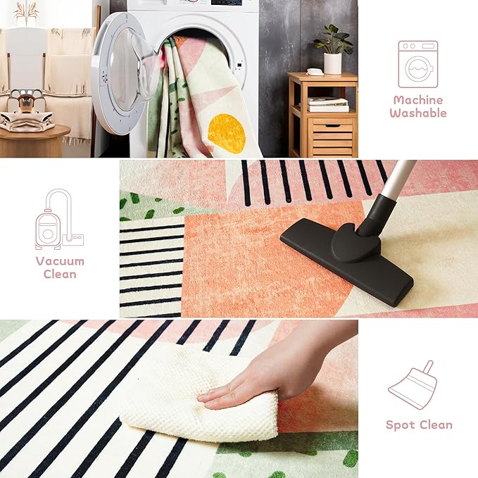 Tepook Pink Area Rug for Living Room, 5x7 Indoor Carpet for Bedroom Washable, Non-Slip Abstract Print Kids Rug for Nursery Playroom Classroom Dorm Office Dining Room