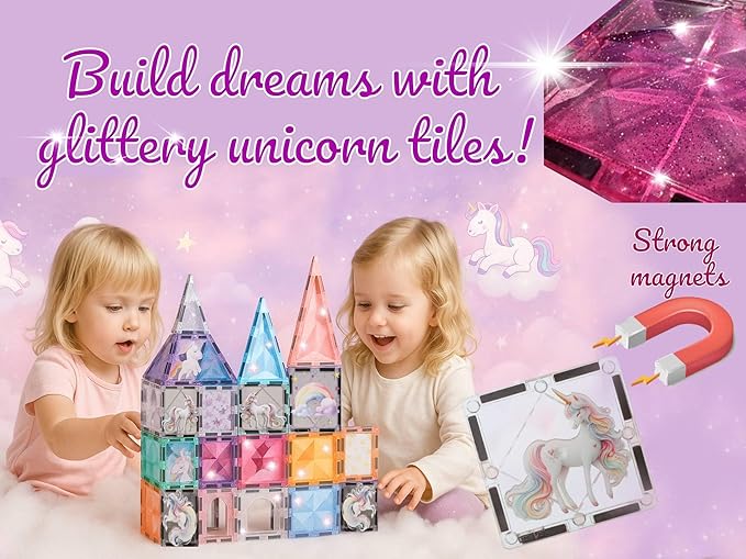 Glitter Unicorn Pony Magnetic Tiles: Building Blocks Toys for Kids - Hearts, Stars, Rainbow Castle Playset for Creative Kids, STEM Frozen Princess Birthday Gift for Girls Ages 3 4 5 6 7 8 and Up