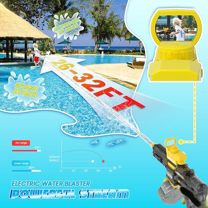2025 Electric Water Gun for Adults Kids, Automatic Water Gun Toy for Kids Ages 4-8 8-12, Large Capacity High Power, 32ft Ultra-Long Range, Summer Pool Outdoor Beach Water Toys for Boys Girls(Yellow)