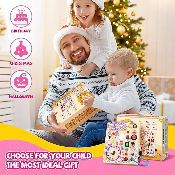 Unicorn Busy Board, Montessori Wooden Toddler Toys, Sensory Travel Toys, Ideal Gift for 1+ Year Old Girls (Unicorn Busy Board Plus V2)