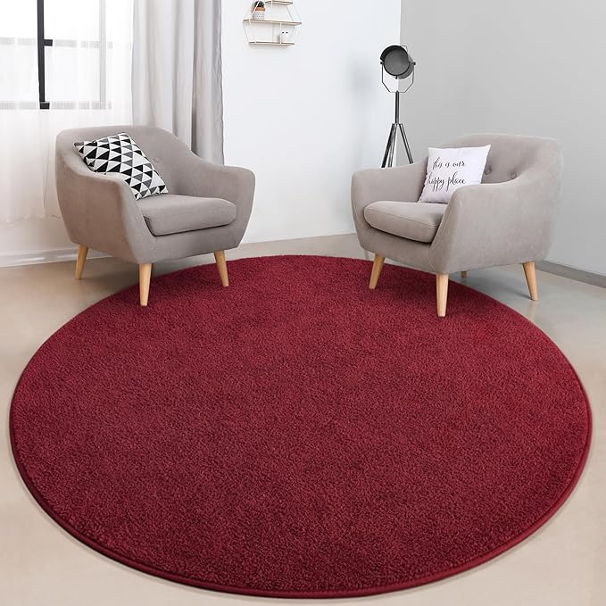 FlyDOIT Round Area Rugs for Bedroom Living Room, 6x6 Rose Red Super Soft Comfy Thickened Memory-Foam Indoor Circle Carpets, Modern Aesthetic Minimalist Carpet for Boys Girls Adults Nursery Home Décor