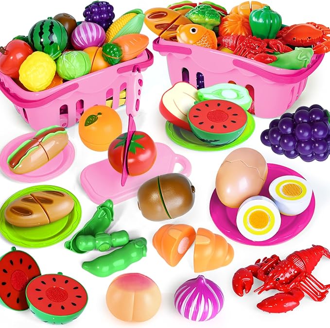 100 Pcs Play Food Set for Kids Kitchen, Pretend Food Toy for Toddlers, Play Kitchen Toys Accessories with 2 Baskets, Cutting Fake Food/Fruit/Vegetable, Christmas Birthday Gifts for Boys and Girls