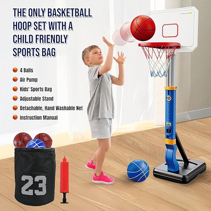 Toddler Kids Basketball Hoop, Height-Adjustable Indoor & Outdoor Portable Basketball Goal for Swimming Pool & Poolside Play, Playset for Boys & Girls with 4 Balls, 1 Gym Bag, 1 Pump, Blue