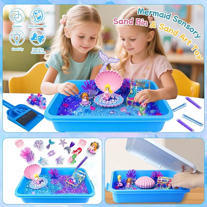 Mermaid Sensory Bin, Play Sand Art Kit with Sandbox & Accessories & Tools & Colorful Sea Shell Conch Starfish Gems Toys Set, Indoor Outdoor Pretend Play Beach Toy Birthday for Girls Boys 3 4 5 6 7 8