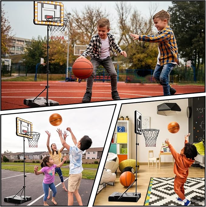 Kids Basketball Hoop Indoor Outdoor,Adjustable Height 2.9ft-5.9ft Toddler Basketball Hoop with LED Light & Scoreboard,Goal Toy for Boys Girls Age 3 4 5 6 7 8 Backyard Sports Game Gifts (Black)