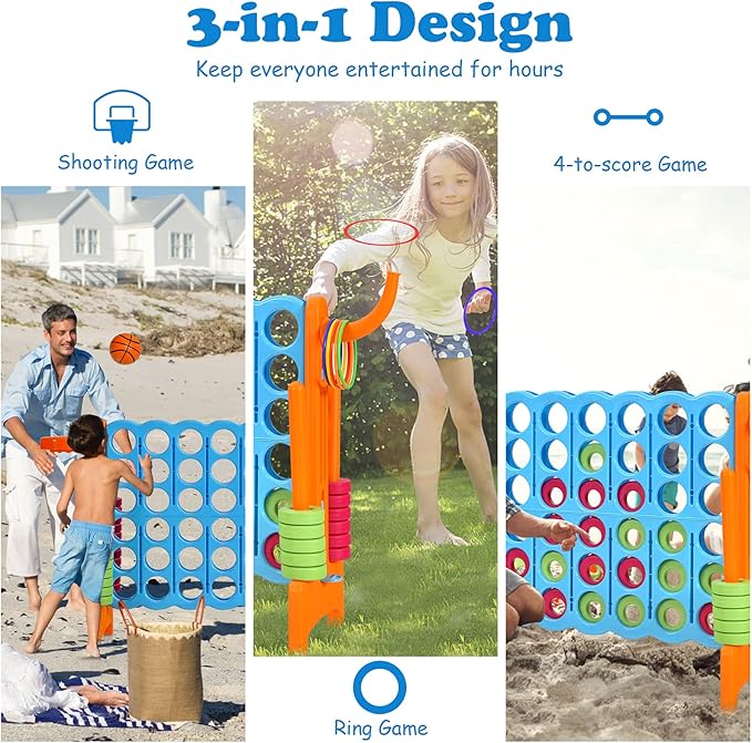 Costzon Giant 4-in-A-Row, Jumbo 4-to-Score Giant Game w/Basketball Hoop, Ring Toss, Quick-Release Slider, 42 Jumbo Rings, Indoor Outdoor Family Connect Game for Kids & Adults, Backyard Games, Orange