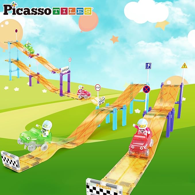 PicassoTiles Magnetic Race Track Car Slide Magnet Building Blocks Tiles Sensory Toys for Kids Toddlers Include Trucks Character Action Figures STEM Learning Kit Races School Age 3+ year Old Boys Girls