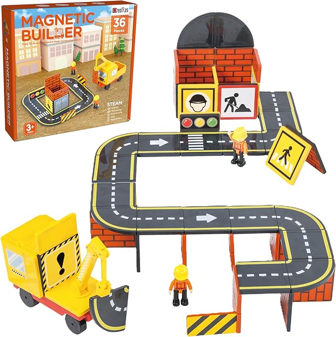 Car Road Track Magnetic Tiles & City Construction Builder Set with Crane and Figures – STEM Building Blocks Toy for Toddler Preschool Montessori Kids - Great Birthday Gift for Boys Ages 3-5 4-8 5-7