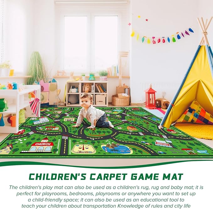 Kids Carpet Playmat Rug 6 x 9 ft Player Car Rug, City Life Traffic Road Map Mat Educational Game Area Mat for Toddler Children Playroom Classroom Bedroom(Green)