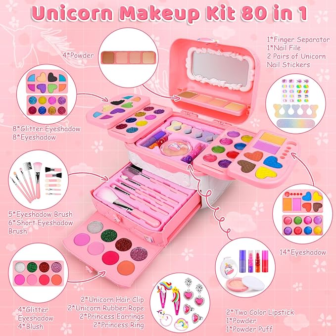 Auney 80 PCS Kids Makeup Kit for 5 6 7 8 Years Old, Unicorn Girls Toy for Little Girls Birthday, Princess Dolls Dress Up Toy for Performance Dance Show Role Play Party